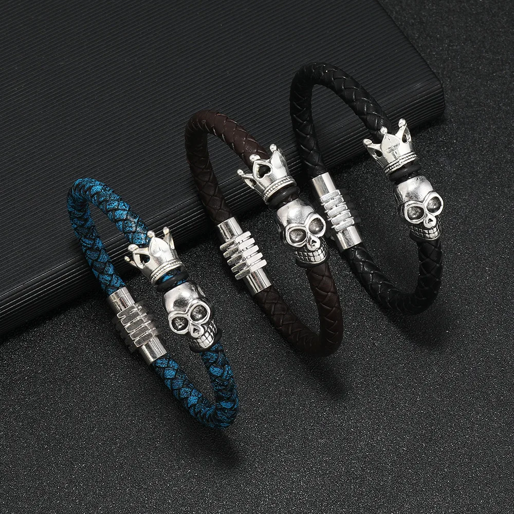 

Vintage Multi Color Leather Bracelet Men's Skull Crown Personalized Accessories Leather men cuff bracelet Bracelet