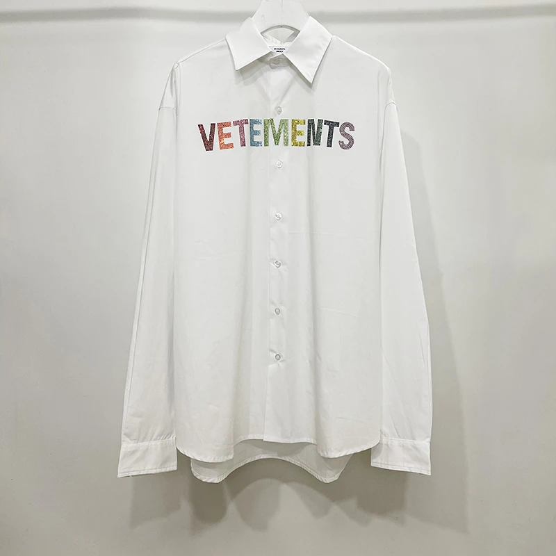 

VETEMENTS Shirts Colorful Logo Rhinestones Men Women 1:1 Vetements Oversize Long Sleeve Shirts
