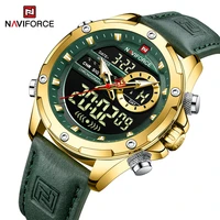 naviforc new casual sport chronograph mens watch genuine leather band wristwatch gold green quartz clock with luminous display