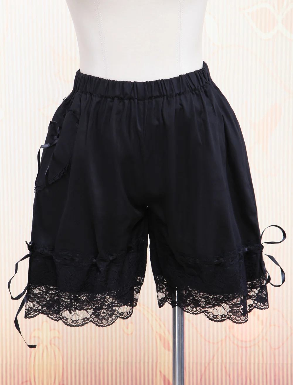 Gothic Black Cotton Lolita Bloomers Lace Trim Ribbons