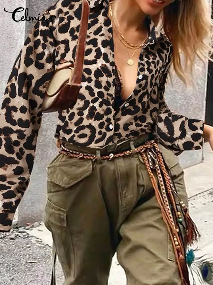 

Celmia Women Sexy Leopard Printed Shirts 2022 Summer Fashion Long Sleeves Lapel Collar Blouses Street Buttons Holiday Loose Tops