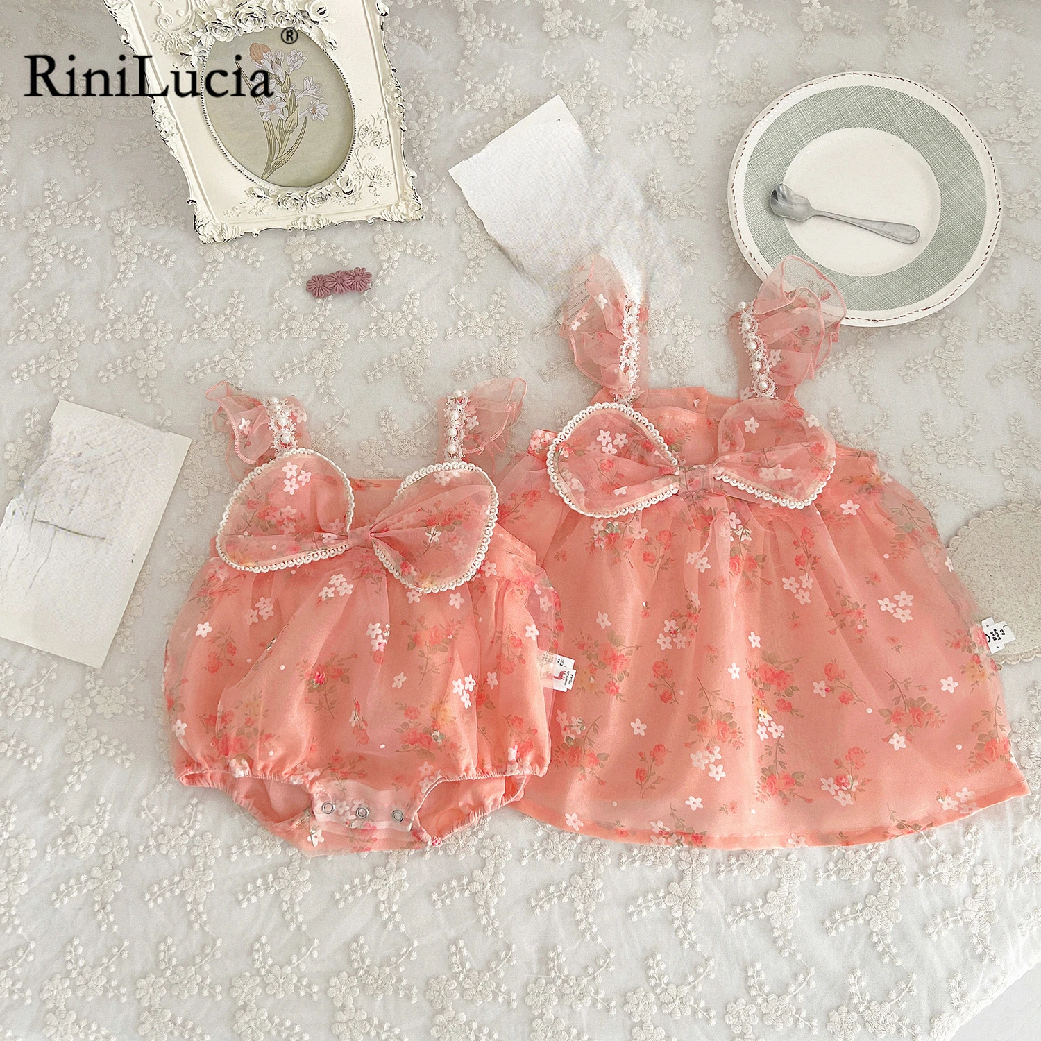 

RiniLucia Newborn Baby Girl Princess Jumpsuit Sleeveless Bowknot Girls Bodysuit 2023 Sisters Clothing Summer Outfits Clothing