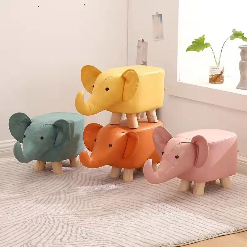 Solid Wood Stool Children's Animal Changing Shoe Stool Home Cute Footstool Baby Elephant Cartoon Shape