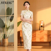 nvnang chinese cheongsam bone leaf long short sleeved high end modified slim cheongsam women stand collar dress