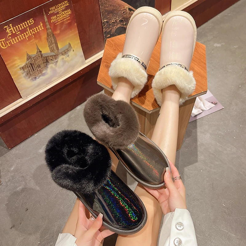 

Women's Leather Boots Plush Flat Heel Round Toe Female Shoes Boots-Women Clogs Platform Australia Winter Footwear Fur Low Ladie