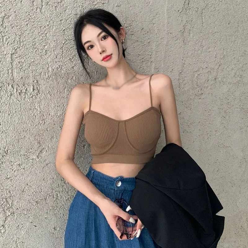 

New Women Bas Shirt Ladies Solid Color Padded Sleeveless Basic Sexy Tank Tops Spaghetti Strap Cropped Camis
