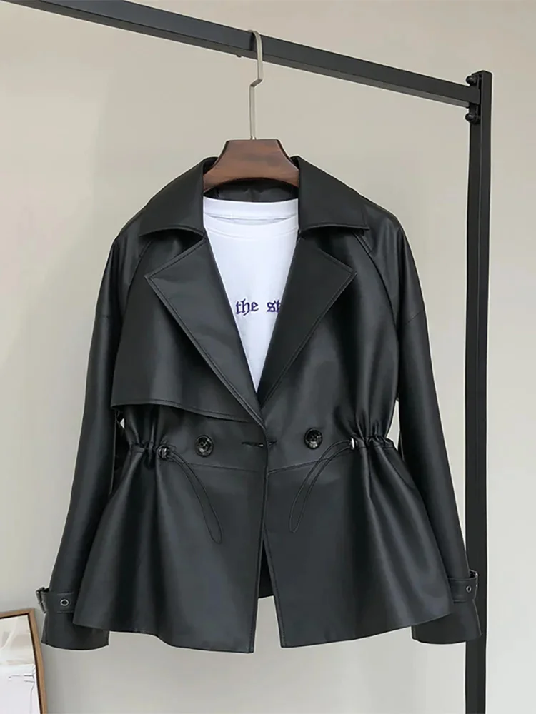 

Nerazzurri Spring Black Short Soft Faux Leather Trench Coat for Women Raglan Sleeve Drawstring Lapel Double Breasted Fashion