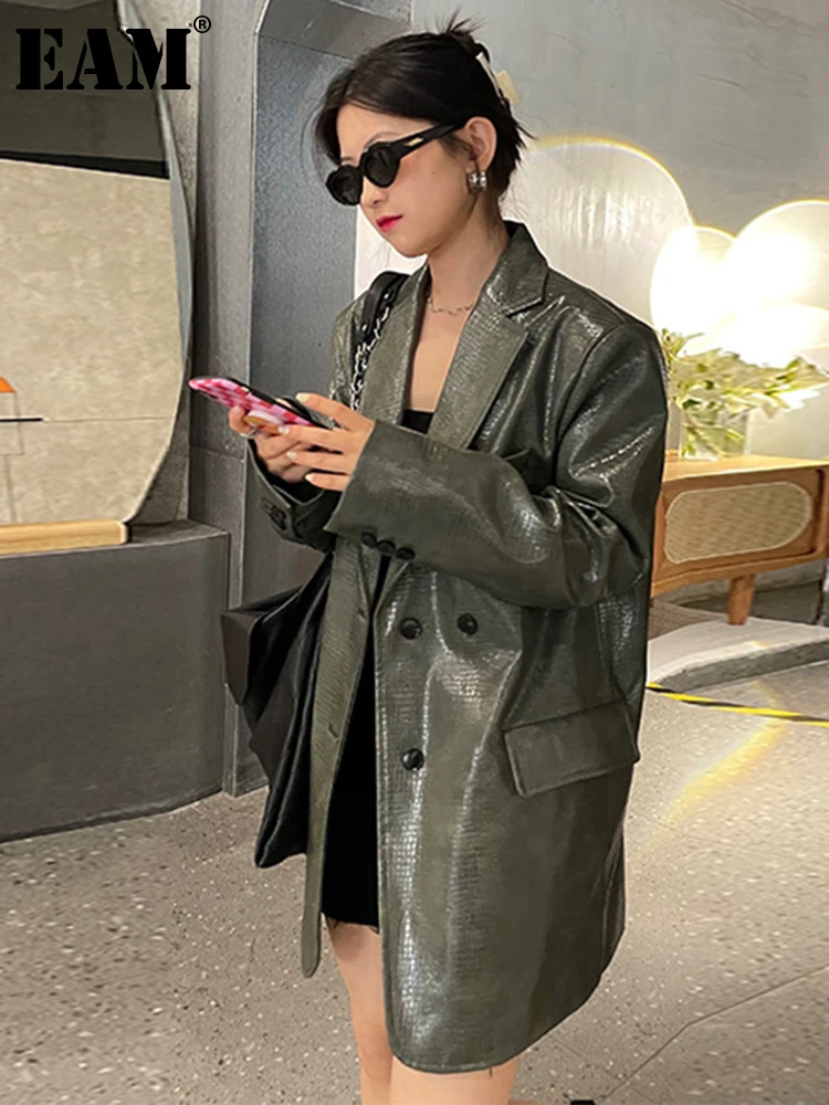 

[EAM] Women Big Size Green Pu Leather Blazer New Lapel Long Sleeve Loose Fit Jacket Fashion Tide Spring Autumn 2022 1DE1416