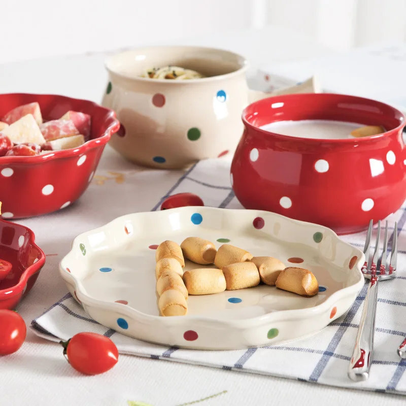 

Household ceramic dishes, dishes, polka-dot Korean dishes, lovely dessert salad bowls, rice bowls, noodles and soup bowls set