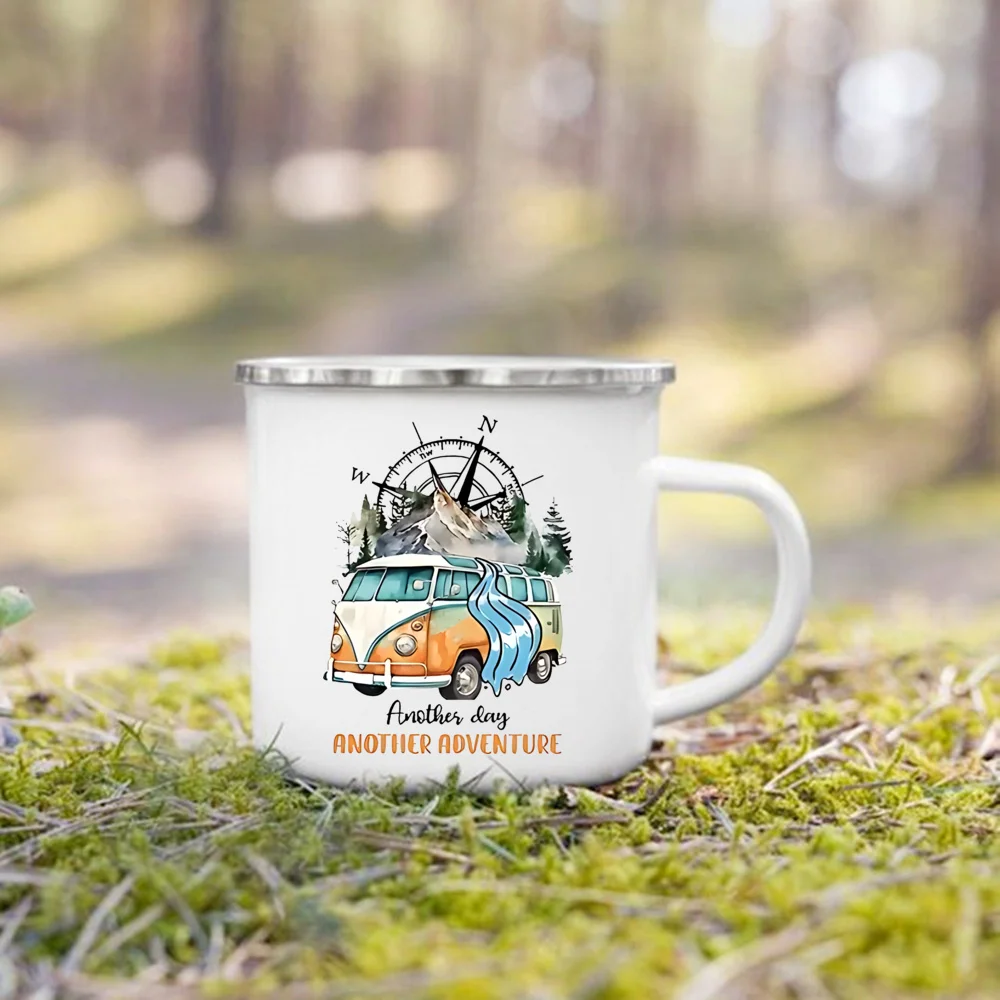 

Приключенческий день, караван, принт, кружки для кемпера, эмалированная кружка для кемпинга, вечерние костра, чашка для пивного сока, горная ручка, чашки, подарки для кемпера