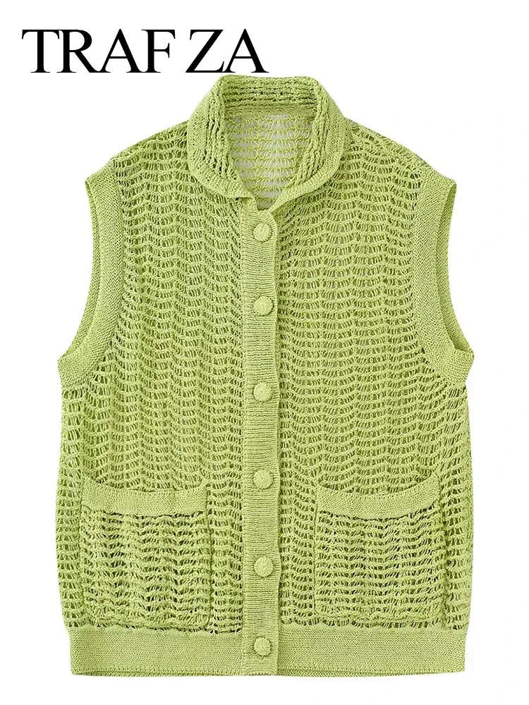 

Женский однобортный жилет с карманами TRAF ZA, повседневный вязаный жилет зеленого цвета с вырезами