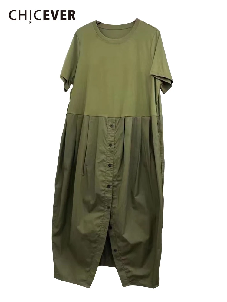 

CHICEVER свободное однотонное платье для женщин с круглым вырезом и коротким рукавом, лоскутные платья средней длины, женская модная летняя оде...