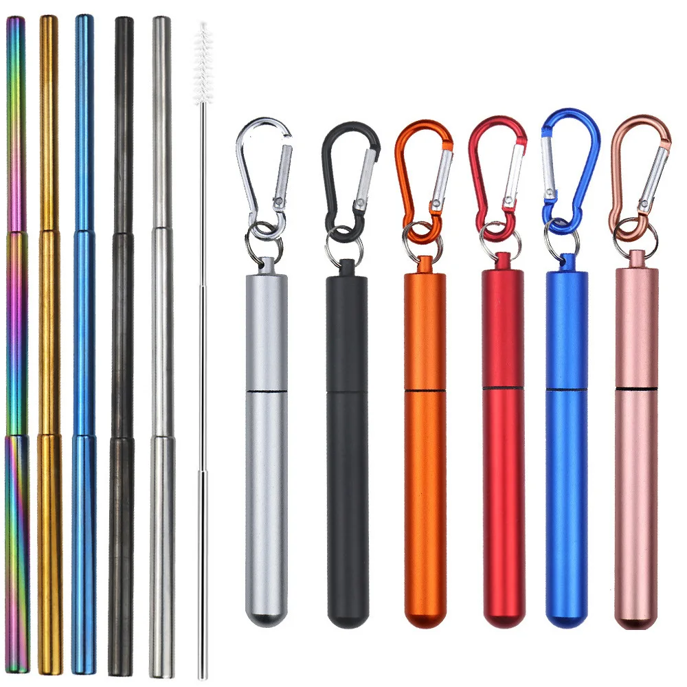 

Reusable 304 Stainless Steel Telescopic Straw Three Sections with Aluminum Alloy Storage Tube Foldable Metal Beverage Straw