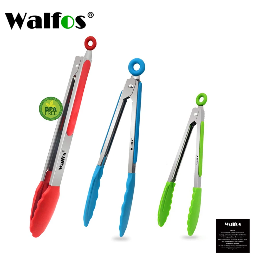 WALFOS Food Grade 100% Silicone Food Tongs Kitchen Tongs Utensil Cooking Tong Clip Clamp Accessories Salad Serving BBQ Tools