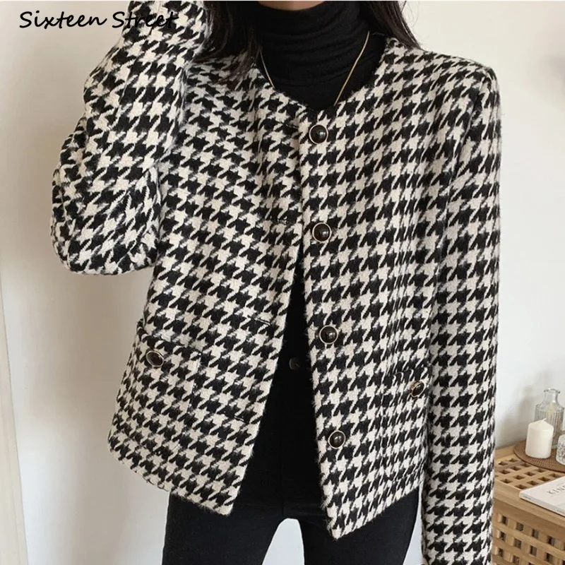 

2022 Chic Houndstooth Tweed Jacket Female Autumn Button Up O-neck Elegant Cropped Coat Women Winter Business Street Clothes