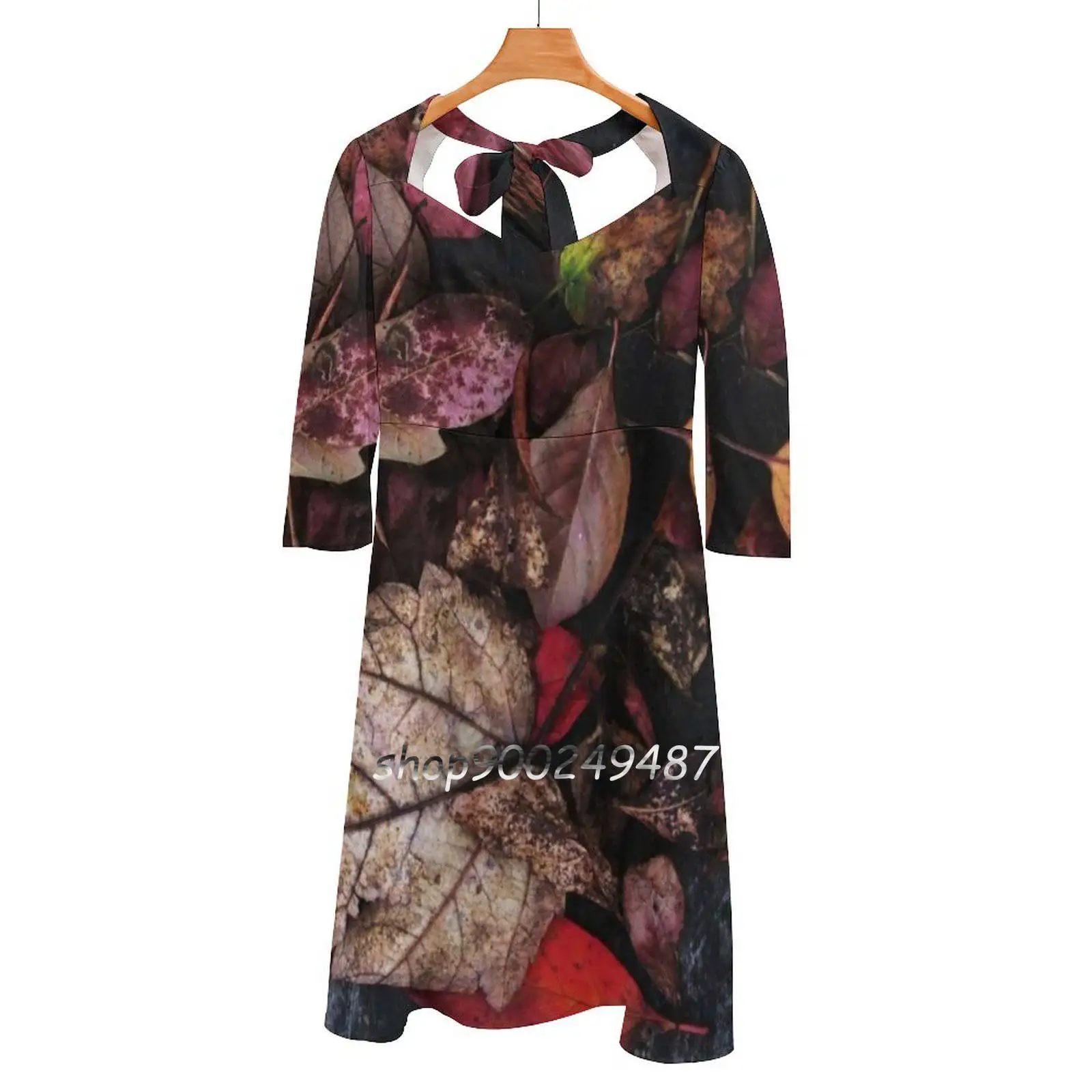 

Осеннее красное милое элегантное платье с коллажем, женское корейское милое платье с квадратным воротником и красными листьями, Осенние осенние стебли