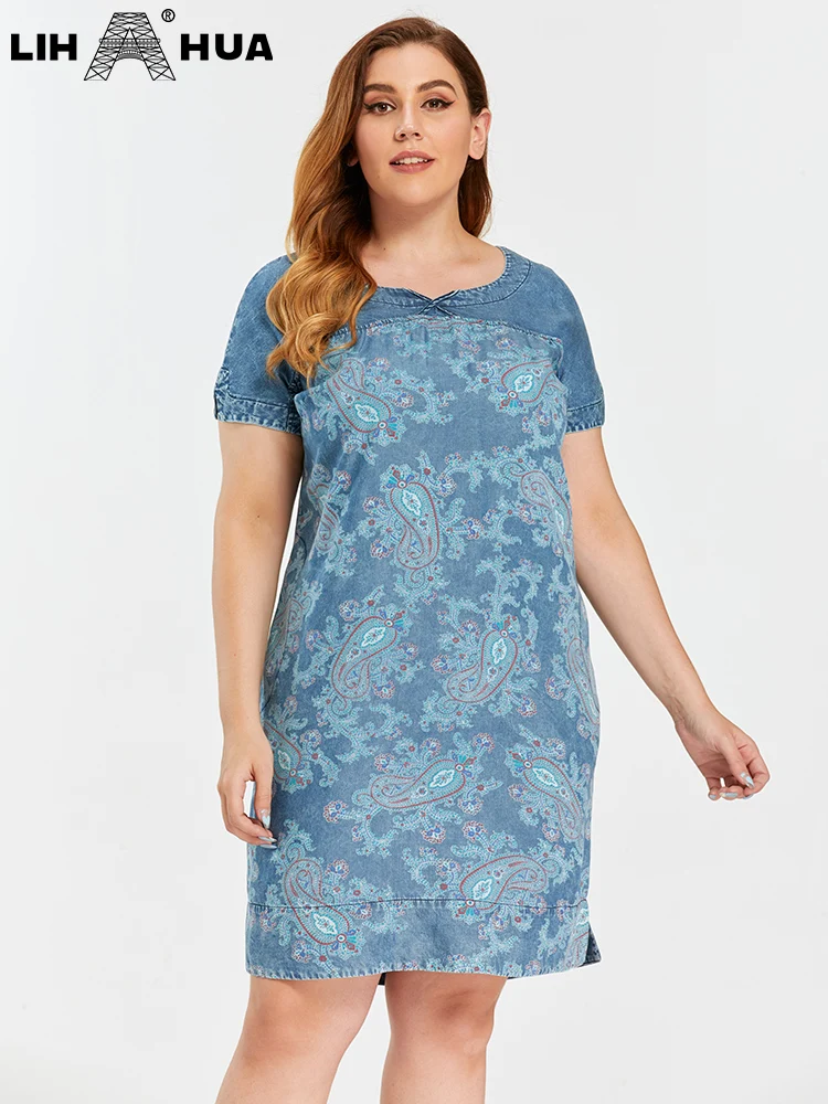 LIH HUA Women's Plus Size Denim Dress Summer Chic Elegant Dresses For Chubby Women Round Neck Woven Cotton  Dress