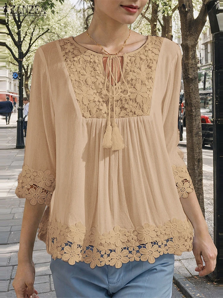 ZANZEA Блузки с кружевной отделкой и рукавами 3/4 однотонные женские блузки