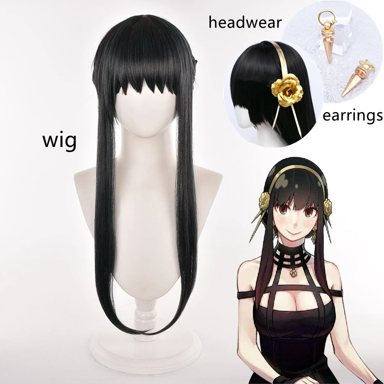

Spy X Family Yor Forger Cosplay Black Long Wig Hairpin Earrings Weapons Anime Headgear Girls Heat-resistant Fiber Hair+Wig Cap