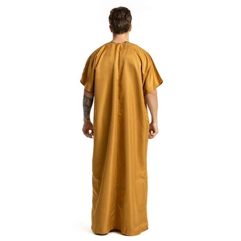 Wepbel Middle East Jubba Thobe Men Islamic Arabic Kaftan Arab Muslim Men's Embroidered Short Sleeve Round Neck Robe Men Ramadan