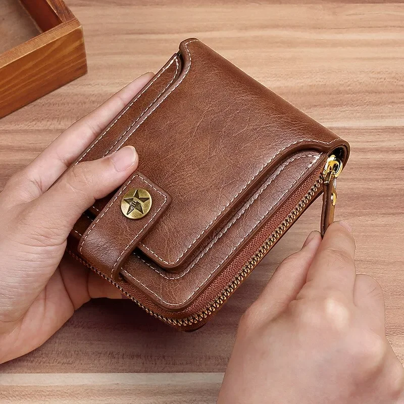 

Vintage Men Pu Leather Small Wallet Short Horizontal Zipper Buckle Coin Pocket Tri-fold Card Case Purse