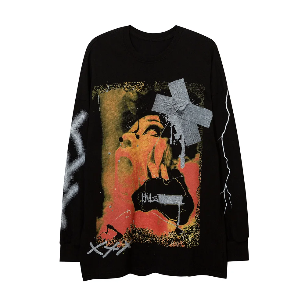 

Футболка мужская хлопковая с длинным рукавом, уличная одежда в стиле хип-хоп, с принтом граффити на плечах для девочек, Повседневная Свободн...