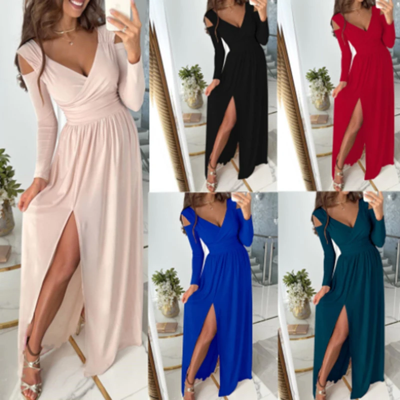 

Women Elegant Deep V Neck Dress Long Sleeve Hollow Out Solid Color High Waist Dress Ladies Sexy Split Floor Length Dresses