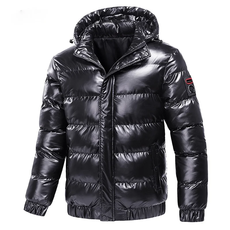 

Autumn Men's Coat Windbreaker Fashion Male Cotton Warm Parka Shiny Down Hood Casual Outerwear Thermal Black Bomber Jackets Men