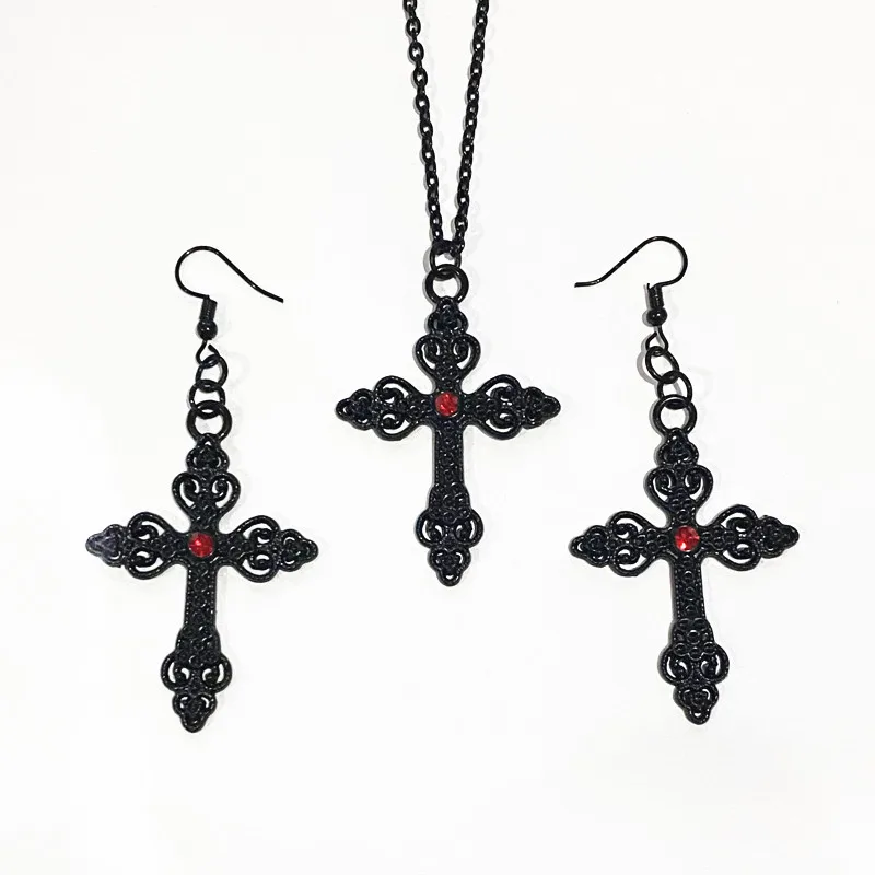 

Harajuku Punk Black Cross Necklace Earrings Jewelry Set Retro Gothic Gorgeous Large Pendant Gift for Christian Women