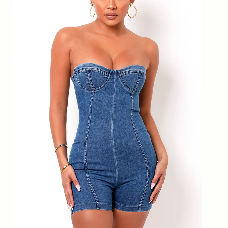 2021 Summer Women's New Zipper High Waist Fashion Denim Sexy Tight-fitting Halter Hollow Tube Top Suspender Conjoined Shorts