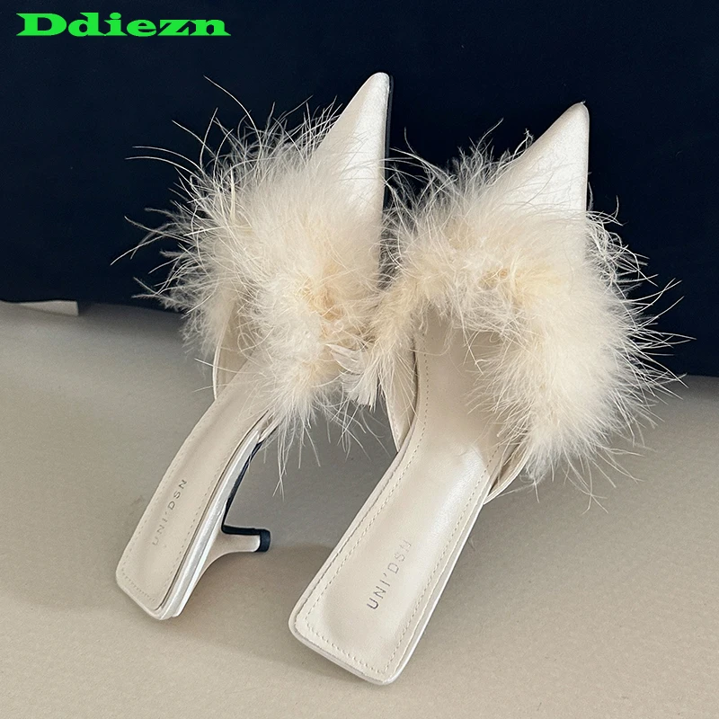 

Туфли-лодочки женские с мехом, Повседневная Уличная обувь на высоком каблуке, заостренный носок, сланцы, летняя модная обувь, 2023