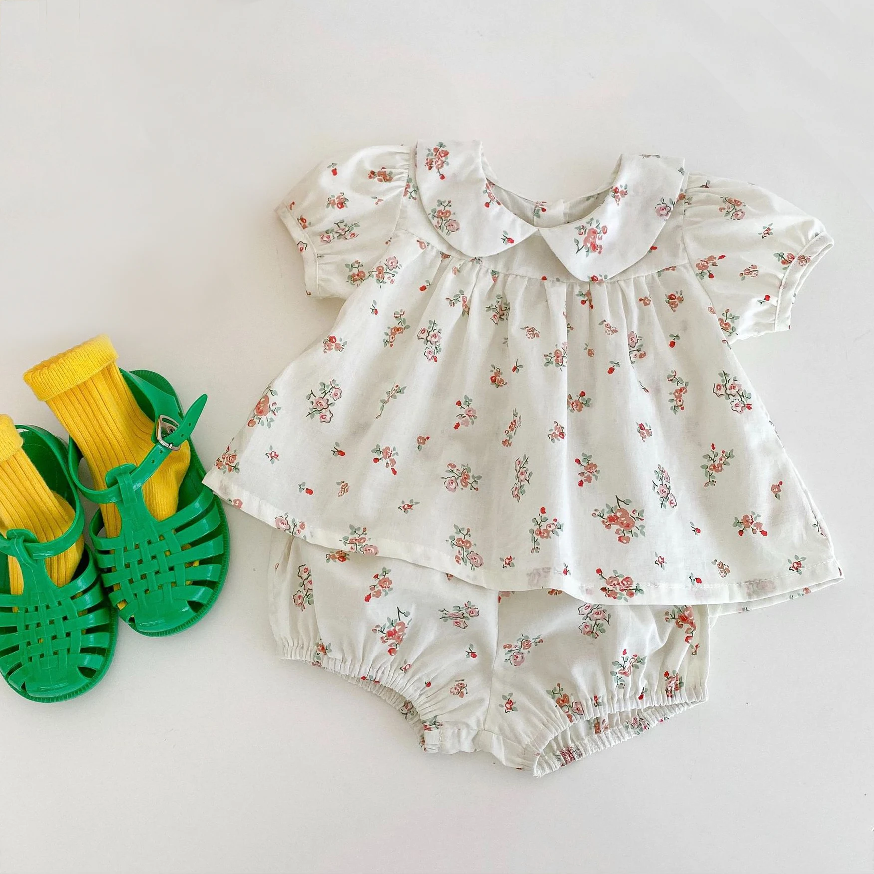 

Summer Newborn Baby Clothes Suit Toddler White Floral Girls Dress Tops +Shorts Sweet Infant Girl Clothes Set