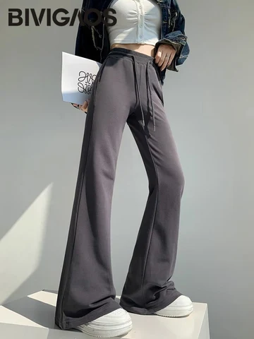 BIVIGAOS Весенне-осенние американские микро расклешенные спортивные брюки женские хлопковые облегающие повседневные брюки с высокой талией и широкими штанинами спортивные брюки с Кулиской одежда в стиле хиппи 2024 одеж