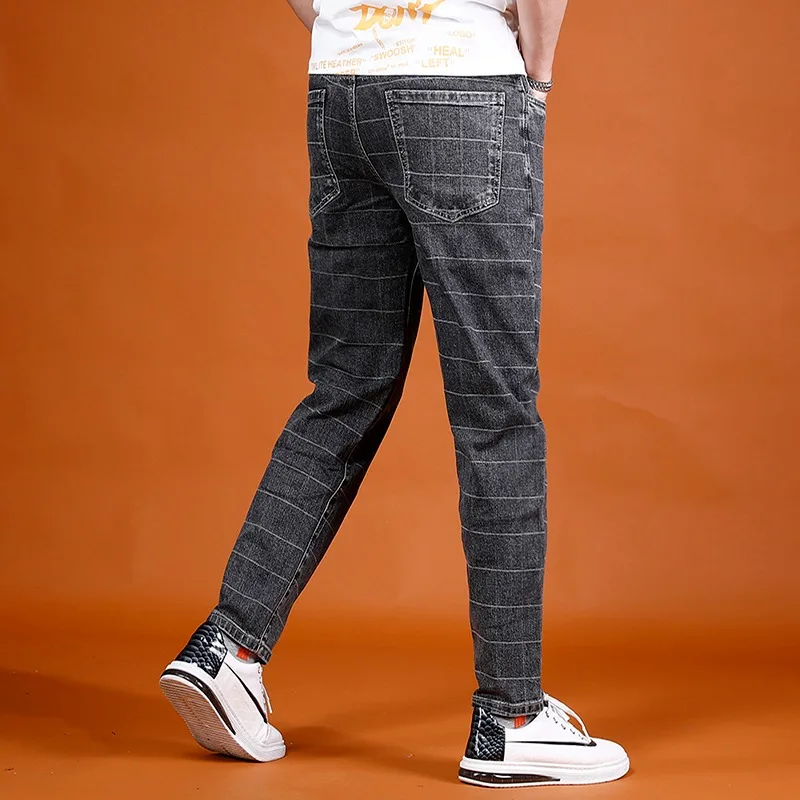 Summer Plaid Pants Men Jeans Fashion Casual Regular Straight Dark Gray Cotton Denim Trousers