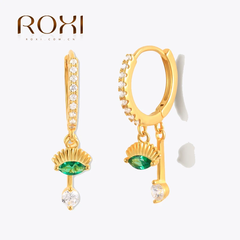 

ROXI Colors Zircon Stone Hoop Earrings for Women 925 Sterling Silver Green Rose Red Eyes Drop Earrings Jewelry Casual Pendientes