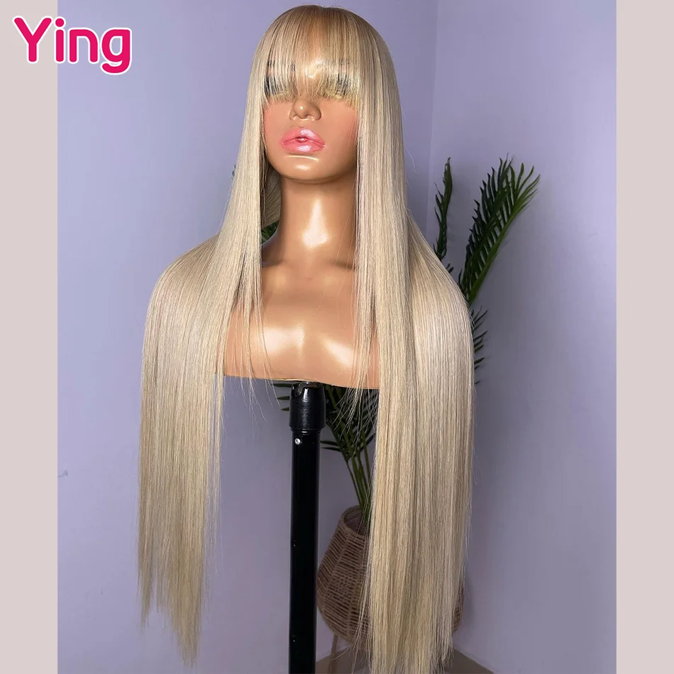 Ying Ash Blonde Bone Straight 180% Brazilian Remy 13x4 Transparent Lace Front Wigs With Bang #613 Blonde 13X6 Lace Frontal Wigs