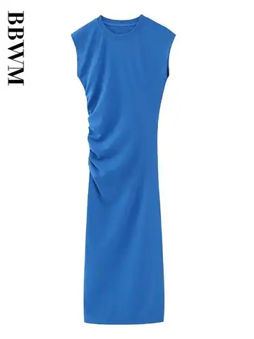 Blue Dress Woman Ruched Midi Dresses Women 2023 O Neck Vintage Sleeveless Bodycon Dress Chic Female Summer Slim Long Dress