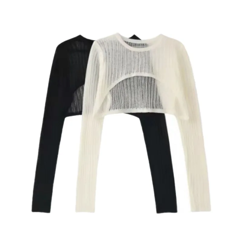 

O Neck Long Sleeve Knit Shirt Women Ribbed Sexy Hollow Out Cropped Tops Summer Black Casual Skinny Slim Basic Woman T Shirts