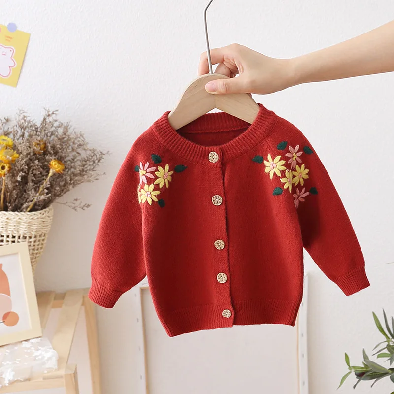 

Floral Embroidered Knit Cardigan Toddler Girl Sweater 2021 Autumn Winter Baby Girls Sweater