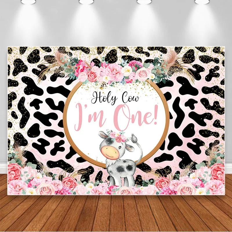 

Girl‘s First Birthday Backdrops for Black White Cute Cow Skin Flowers Photography Background Cake Table Decorations Banner Props