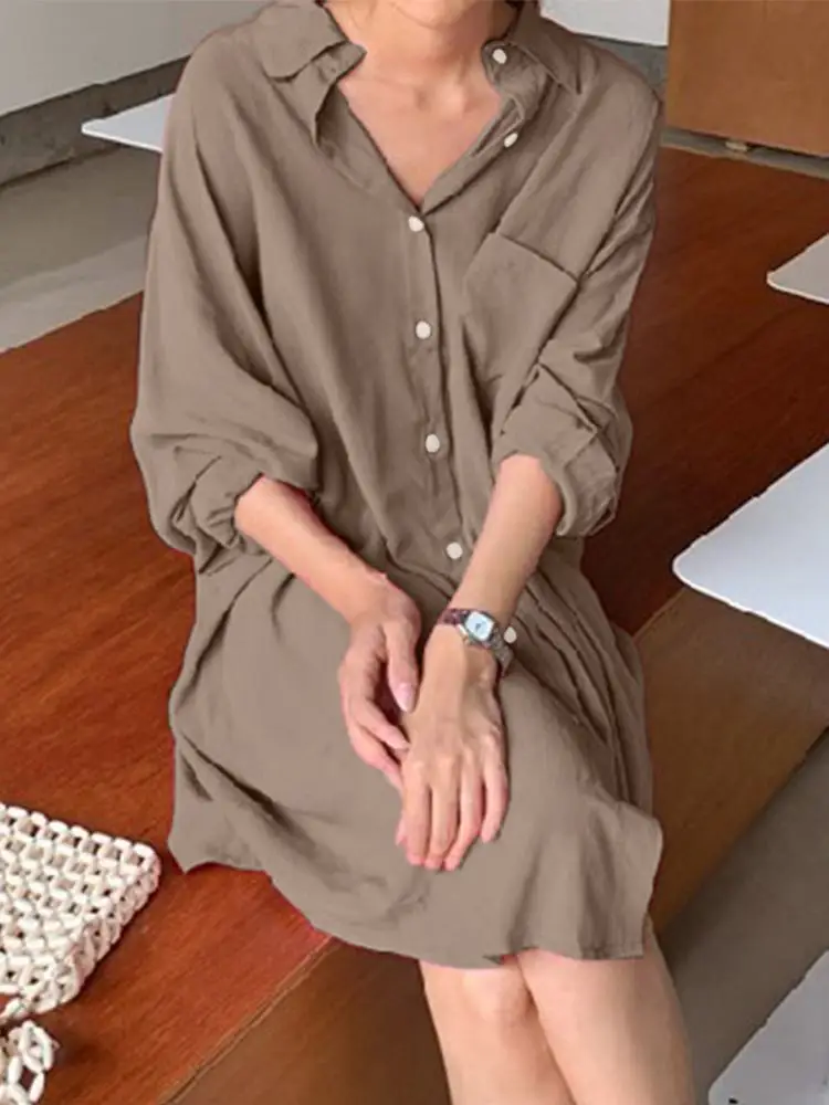 Женское Однотонное Платье-рубашка Zanzea Летнее Платье Миди В Корейском Стиле С