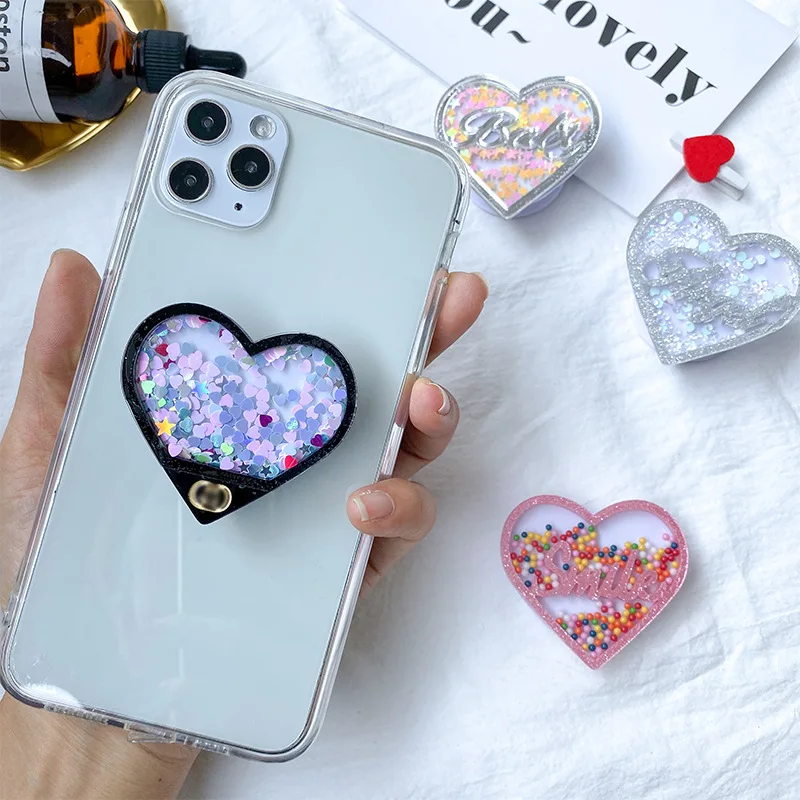luxury quicksand heart phone accessories expanding stand mount phone socket fold mobile smartphones pocket desktop bracket mount free global shipping