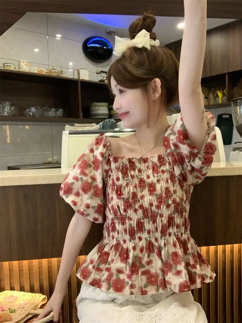 Блузки с цветочным принтом женские плиссированные топы квадратным воротником и