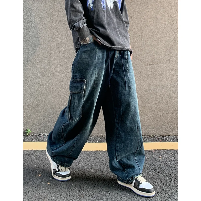 Men Clothing New Pattern Recreational Vintage Broad Leg Blue Jeans Straight Cylinder Big Pocket Loose Cargo Pants Autumn Female