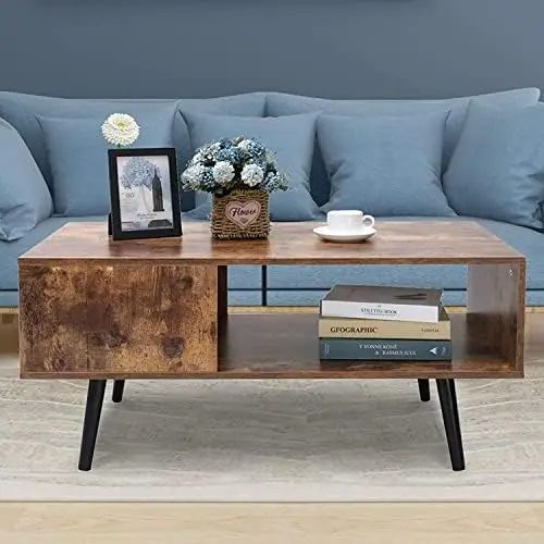

Coffee Table, Mid-Century Coffee Table with Storage Open Shelf, Accent Cocktail Table for Living Room, Reception, Rustic Brown