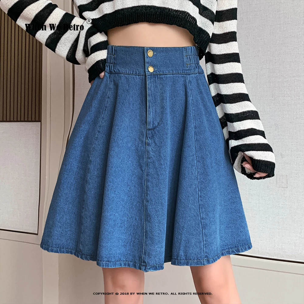 

Ladies High Waist Flare Umbrella A Line Denim Skirt VD2981 Blue Women Summer Mini Skirts with Elastic Waist