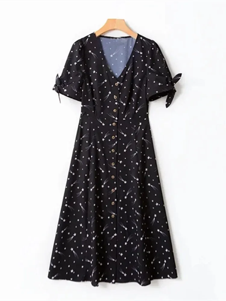 

Floral Printing Women Cuff Tie Dress 2022 Spring Summer New V-neck Short Sleeve Single Breasted Female Mid-calf Robe