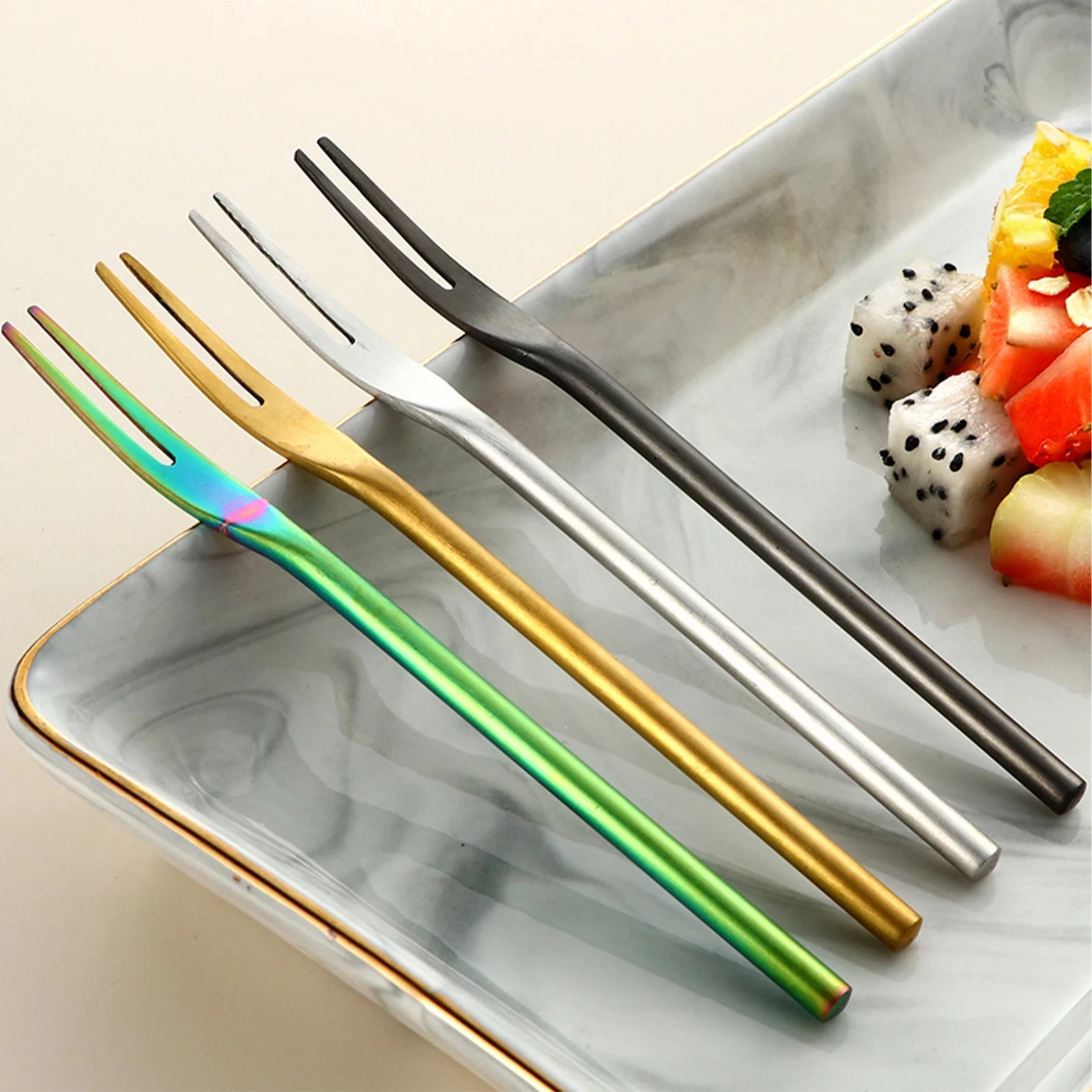 

Fruit Fork Set Mini Cute Stainless Steel Dessert Forks Silver Gold Rose Gold Cake Flatware Cutery Fork for Home Use