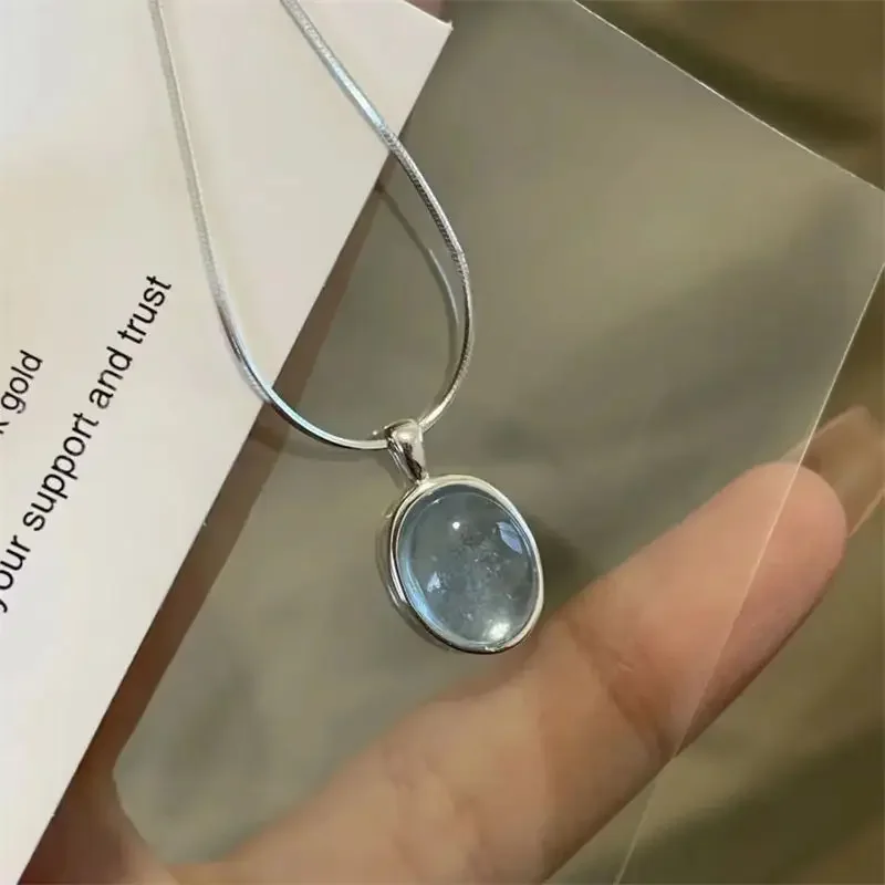 Серебряный цвет овальный кулон с аквамарином ожерелье для женщин и девочек