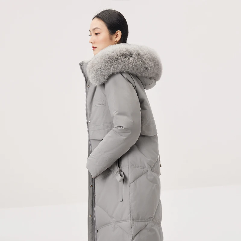 Design Long  White Duck Down 90%  Abrigo Mujer  Women Jacket  Unisex  Winter  Zipper  Slim Fox for Collar and Hat Detachable